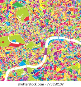 London, United Kingdom, colorful vector map.  White streets, railways and water. Bright colored landmark shapes. Art print pattern.