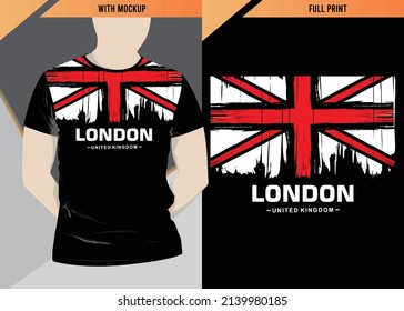 London United Kingdom Design Typography With T-shirt Mockup And Full Printing, Vector Illustration 