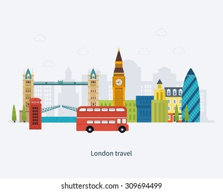 London, United Kingdom flat icons design travel concept. London travel. Historical and modern building. Vector illustration