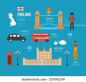 London, United Kingdom flat icons design travel concept. London travel. Historical and modern building. Vector illustration