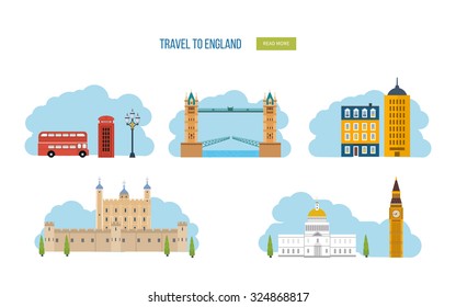 London, United Kingdom flat icons design travel concept. London travel. Historical and modern building. Vector illustration
