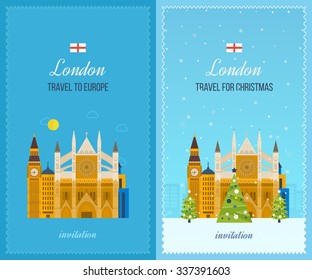 London, United Kingdom flat icons design travel concept. Cute invitation card with winter city life and space for text. Merry Christmas greeting card design. London Christmas and New Year.