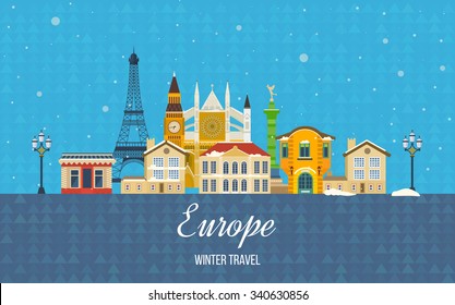 London, United Kingdom and France flat icons design travel concept. Travel to Europe for christmas. Invitation card. Travel to Europe for winter. Merry Christmas greeting card design. 