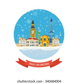 London, United Kingdom and France flat icons design travel concept. Travel to Europe for christmas. Invitation card. Travel to Europe for winter. Merry Christmas greeting card design. 