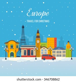 London, United Kingdom and France flat icons design travel concept. Travel to Europe for christmas. Invitation card with winter city life and space for text. Merry Christmas greeting card design. 