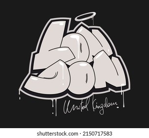 London United Kingdom graffiti text. Hand drawn lettering. Can be used for printing on t shirt and souvenirs. Posters, banners, cards, flyers, stickers. Street art design.