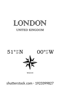 Londres, Reino Unido - inscripción con el nombre de la ciudad, el país y las coordenadas geográficas de la ciudad. Icono de brújula. Concepto en blanco y negro para un afiche, fondo, tarjeta, textiles