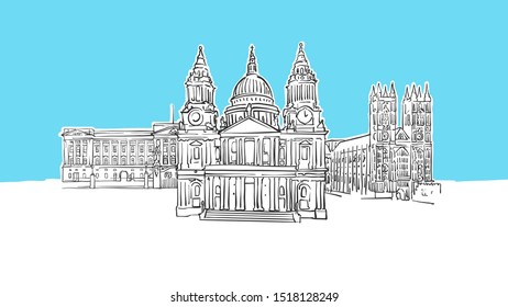 London United Kingdom Lineart Vector Sketch. and Drawn Illustration on blue background.