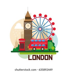 London, united kingdom, red bus, telephone booth, ferris wheel, rain, vector