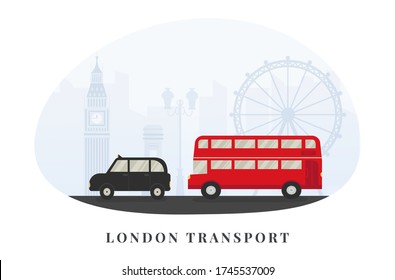 London, United Kingdom tourism. Landmarks and symbols of England - Big Ben, double decker red bus, taxi, cab. Travel concept vector cartoon illustration.