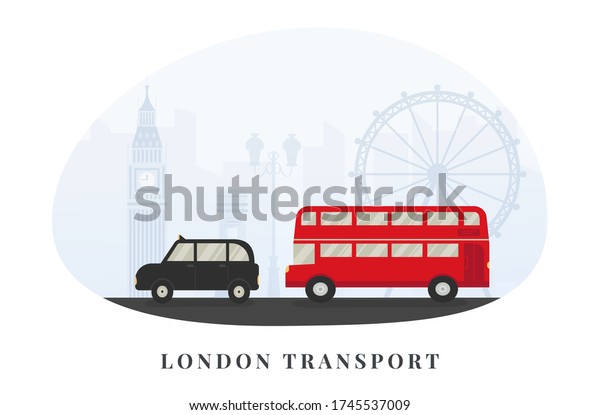 London, United Kingdom tourism. Landmarks\
and symbols of England - Big Ben, double decker red bus, taxi, cab.\
Travel concept vector cartoon\
illustration.