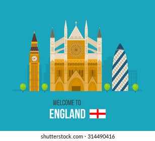 London, United Kingdom, Westminster Abbey and Big Ben flat icons design travel concept. Vector illustration