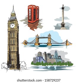 London vector drawings - illustration package of important landmarks of London, UK