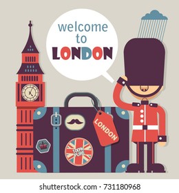 London vector flat style background with funny cartoon beefeater