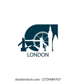 London vector icon with skyline, panoramic view, outlook shape. England UK city landmarks logo concept. Flat isolated graphic, badge
