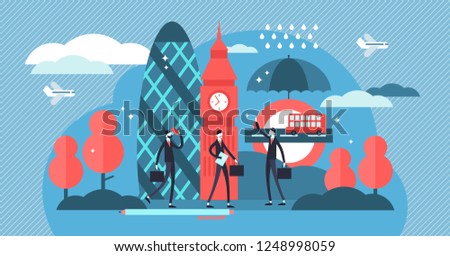 London vector illustration. Abstract flat famous England tourism symbols. Big Ben, gherkin, bus and rain as United Kingdom must see collection set. Most popular travel destinations and business life.