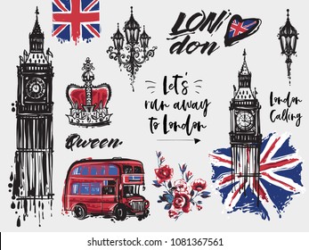 London vector illustration collection. Retro british watercolor grunge graphic for textile design or t-shirt print. Isolated elements on white background