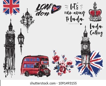 London vector illustration collection. Retro british watercolor grunge graphic for textile design or t-shirt print. Isolated elements on white background