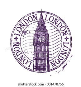 London vector logo design template. Shabby stamp or England, Britain, UK, Big Ben icon