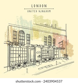 London vector sketch postcard. London city, England, United Kingdom, Europe. Traditional English beer pub and old town house. British travel sketch. Vintage hand drawn postcard, poster, book artwork