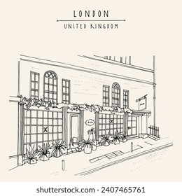 London vector sketch postcard. London city, England, United Kingdom, Europe. Traditional English beer pub and old town house. British travel sketch. Vintage hand drawn postcard, poster, book artwork