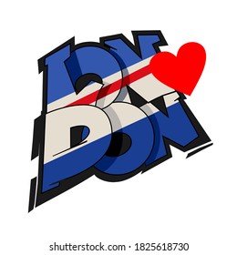 London vector text. Cartoon style hand drawn lettering in the colors of United Kingdom flag. Can be used for printing on t shirt and souvenirs. Posters, banners, cards, flyers, stickers.