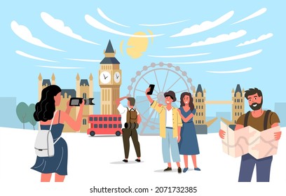 London vector with tourists. Travel theme cartoon people in city