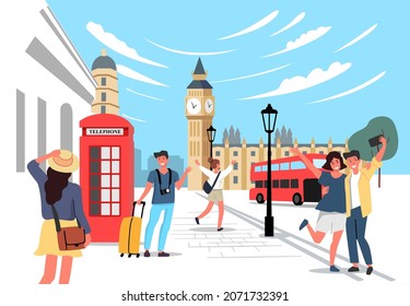 London vector with tourists. Travel theme cartoon people in city