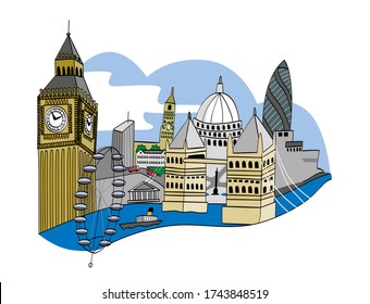 London view cityscape. Famous buildings. Cartoon style vector illustration.