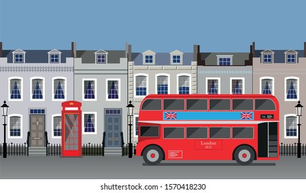 London view with a red double decker bus, a phone box and typical british houses in georgian style architecture.  Vector Illustration