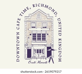 Londres vintage café vetor arte, Downtown velho café edifício vetor ilustração, férias vintage arte com tipografia, Retro Vintage t camisa design
