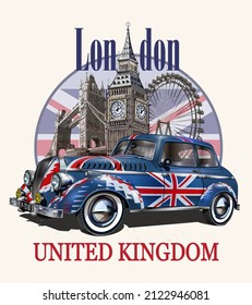 London vintage poster with Big Ben and retro car. 