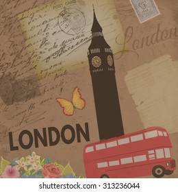 London vintage poster on nostalgic retro background with old post cards, letters and Big ben tower , vector illustration