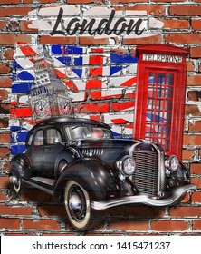 London vintage poster with retro car,Big Ben and red  phone booth on brick wall background.