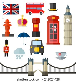 London vintage retro icons. Flag umbrella rain cloud tea crown tower bridge cab taxi phone box telephone hidrant bus hat royal mail big ben soldier flag. 