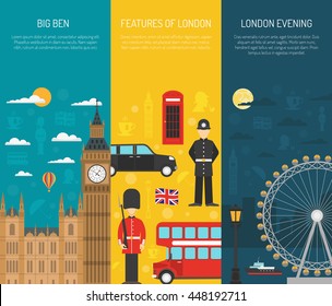 London Visitors Sightseeing Attractions With Night Thames River 3 Vertical Flat Banners Set Abstract Isolated Vector Illustration