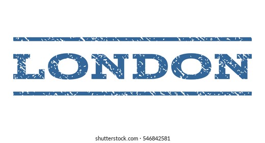 London watermark stamp. Text tag between horizontal parallel lines with grunge design style. Rubber seal stamp with dirty texture. Vector cobalt color ink imprint on a white background.