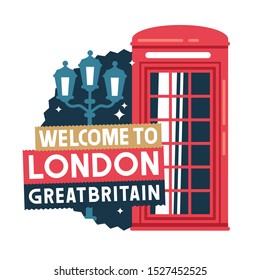 London welcome card, concept composition of street lamp, red phone box, hand made inscriptions