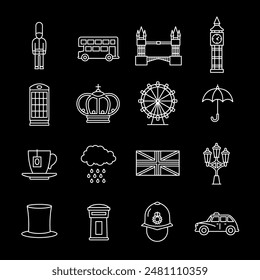 Londres, iconos de línea blanca. Iconos que representan a Inglaterra y sus Lugares famosos. viajes y temas culturales. Símbolos sobre fondo negro. Trazo editable.