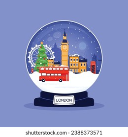 London winter globe. Snow globe with London city and landmarks. Flat design vector illustration.