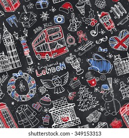 London Winter Vector seamless pattern with landmark, symbols.Hand drawn doodle sketchy.Big Ben,British sign,christmas symbols,new year elements.England vintage icons,Chalkboard background,wallpaper