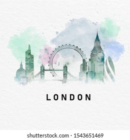 London with world famous landmarks watercolor style. Vector illustration.