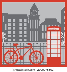 London's cityscape, a red telephone booth, a bicycle and ancient architecture. Vector illustration in the style of paper clippings