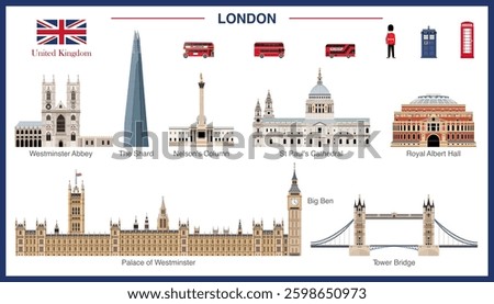 London's landmarks and attractions. Vector isolated detailed colored icons