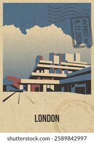 London's Main Attraction Retro Postcard Style Vector Illustration. Modern Architecture, Theatre Building, Postal Imprints, Old Paper Texture