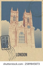 London's Main Attraction Retro Postcard Style Vector Illustration. Westminster Abbey Building, Postal Imprints, Old Paper Texture