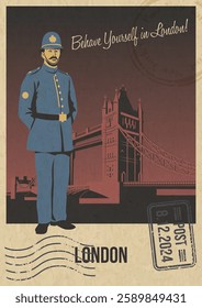 London's Main Attraction Retro Postcard Style Vector Illustration. Policeman and Tower Bridge, Postal Imprints, Old Paper Texture