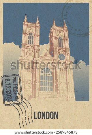 London's Main Attraction Retro Postcard Style Vector Illustration. Westminster Abbey Building, Postal Imprints, Old Paper Texture