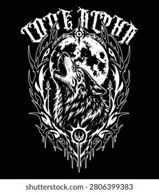 Lone alpha text with howling wolf and full moon emblem black and white