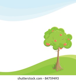 lone apple tree in a field under blue sky. Vector